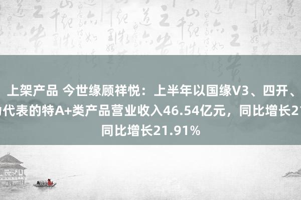 上架产品 今世缘顾祥悦：上半年以国缘V3、四开、对开为代表的特A+类产品营业收入46.54亿元，同比增长21.91%